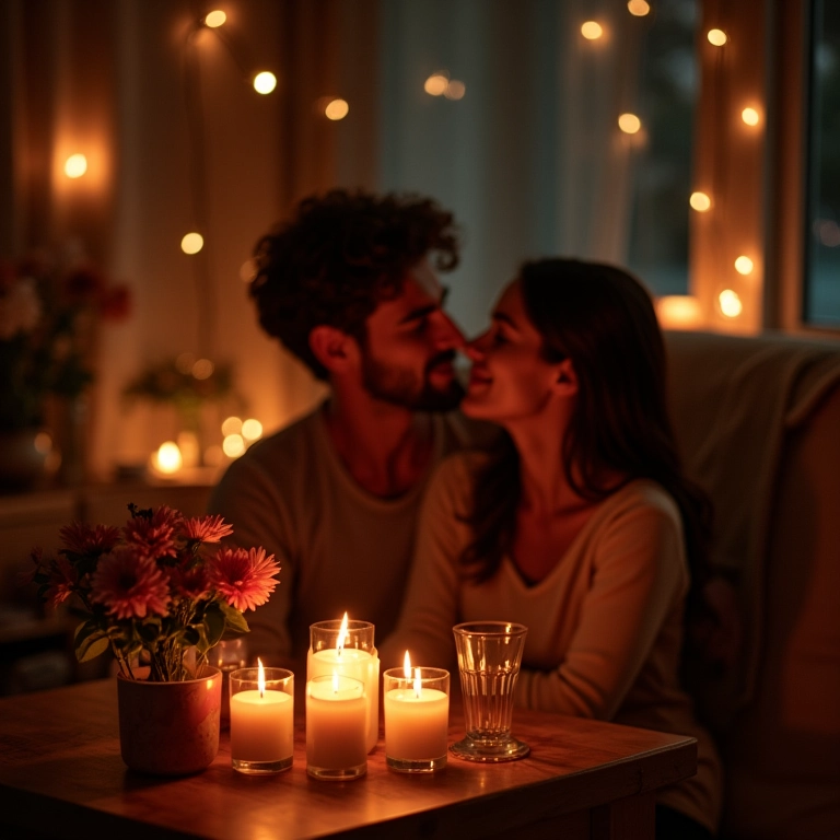 Sala de estar transformada em ambiente romântico.