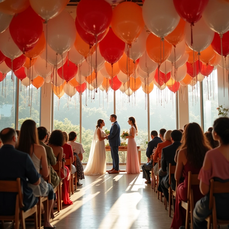 Salão de casamento com balões suspensos na decoração.
