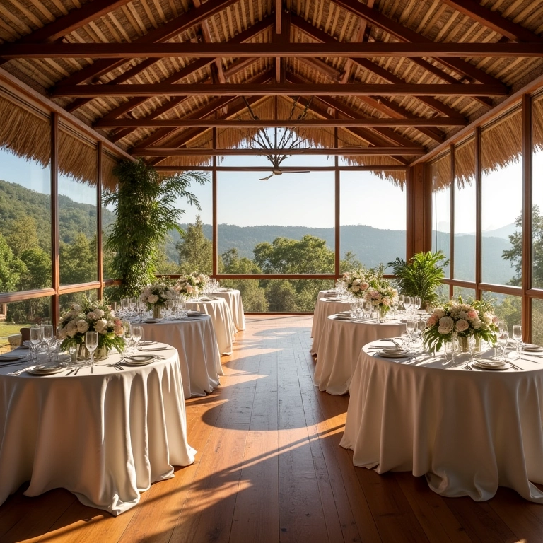 Salão de festas espaçoso com mesas decoradas para casamento.