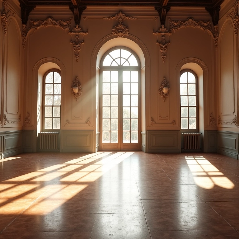 Salão de festas vazio com arquitetura detalhada, aguardando decoração para casamento.