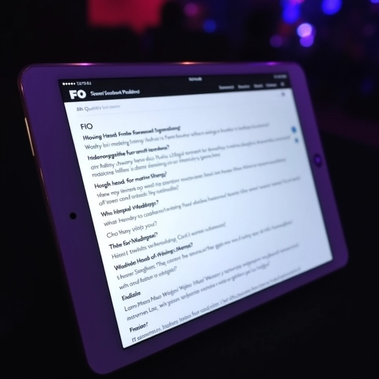 Seção de FAQ com perguntas sobre moving heads para casamentos em um tablet.