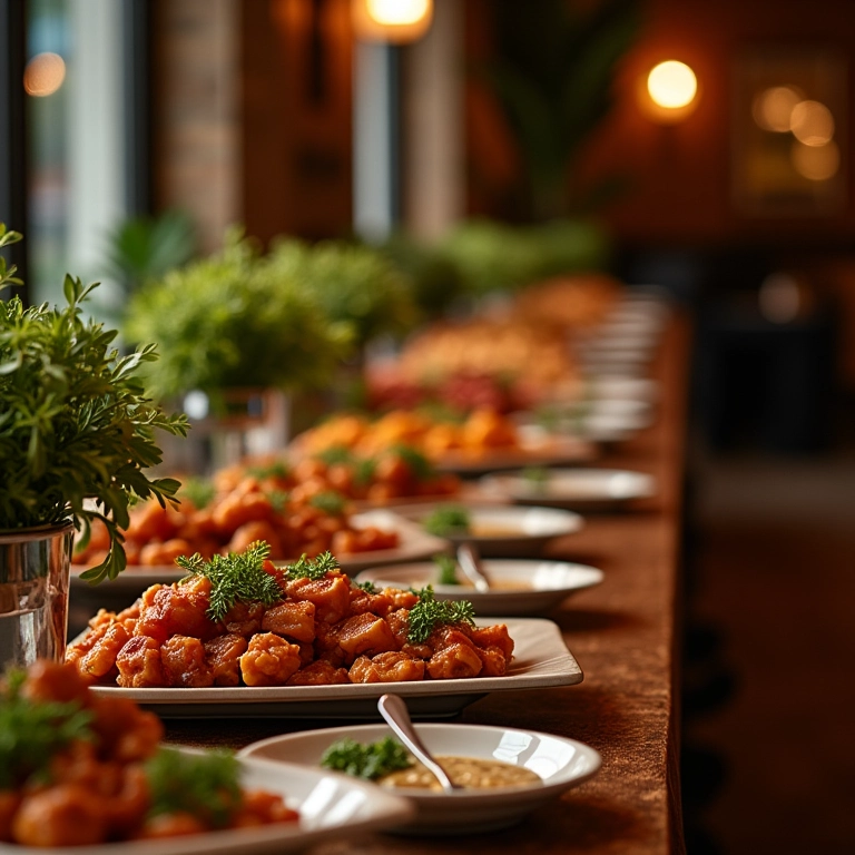 Serviço de buffet em um salão de festas para casamento.