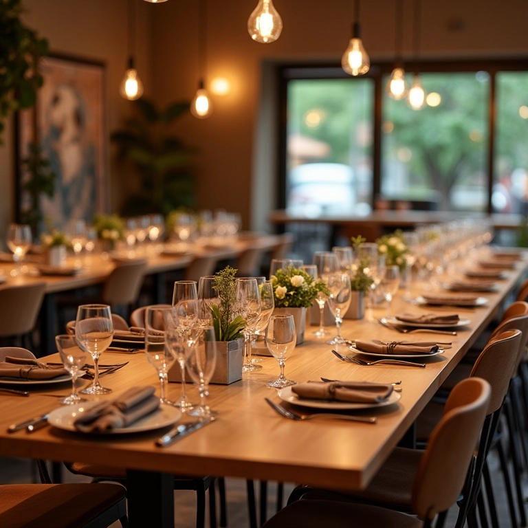 Showroom de aluguel de louças com mesas decoradas.