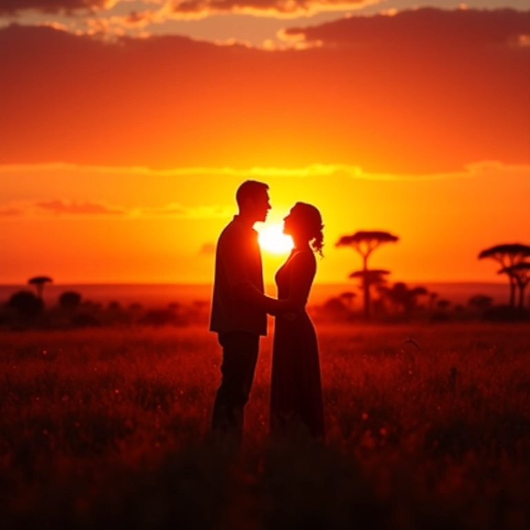 Silhueta de casal em safári ao pôr do sol na África do Sul.