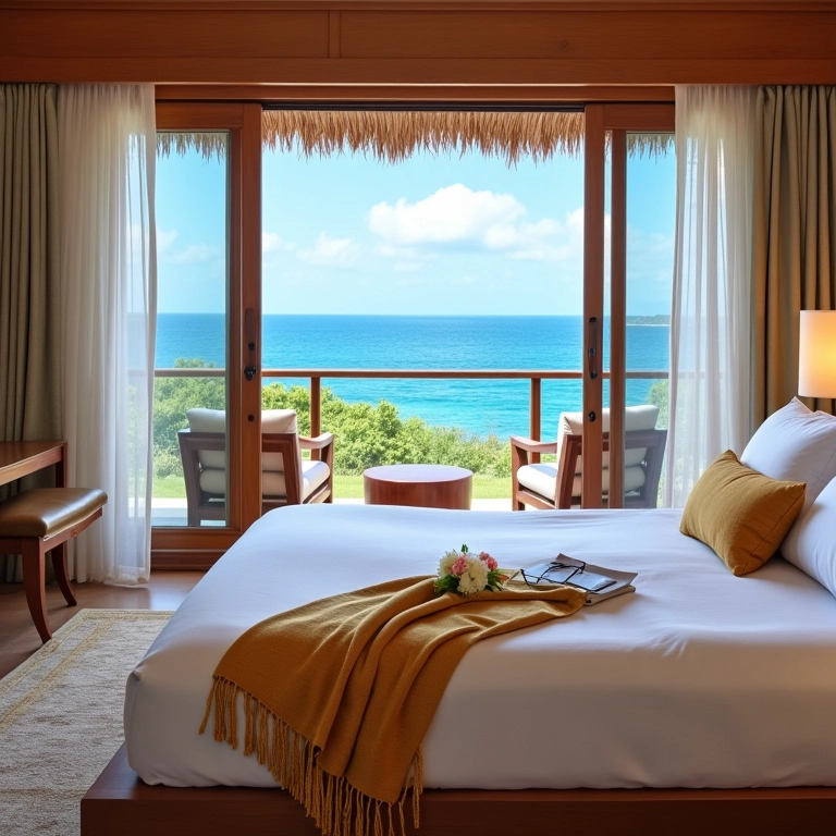 Suíte de hotel luxuosa com vista para o mar nas Ilhas Maurício.