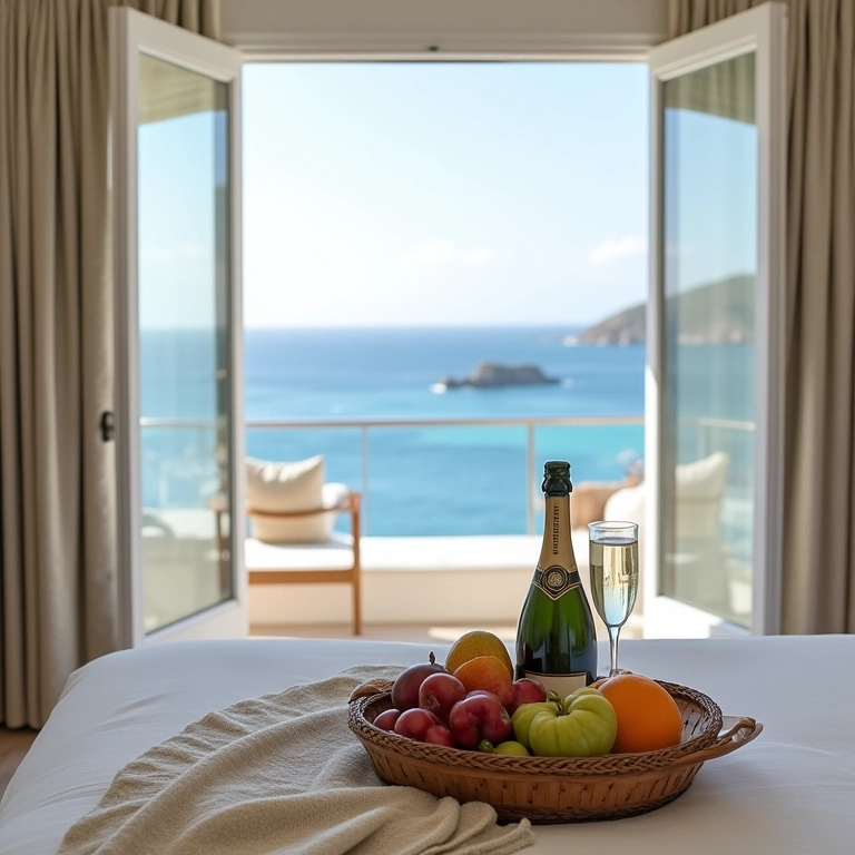 Suíte de hotel luxuosa em St. Barths com vista para o mar e decoração romântica.