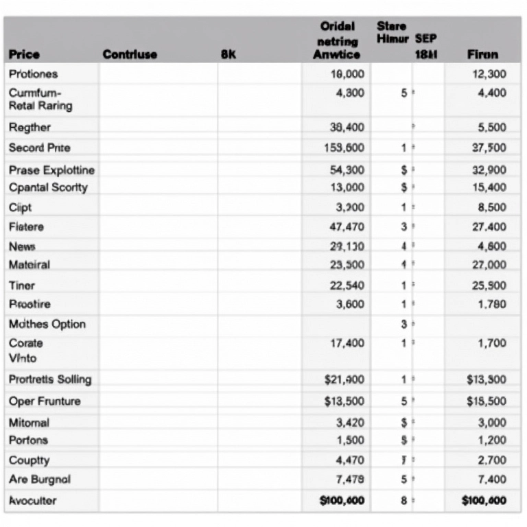 Tabela de preços de aluguel de móveis.