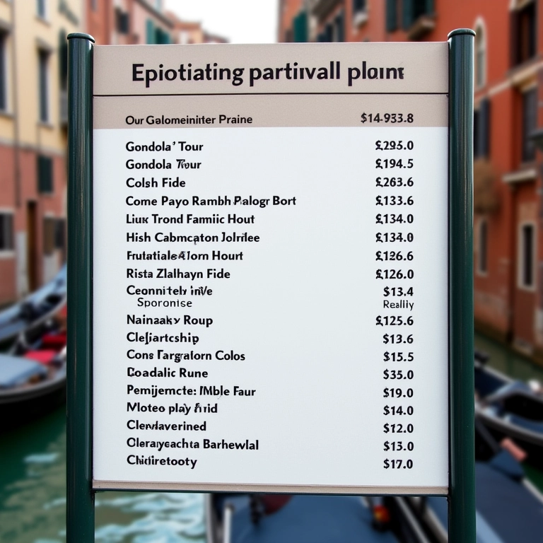 Tabela de preços de passeios de gôndola em Veneza.