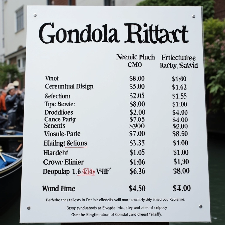 Tabela detalhada de preços e duração de passeios de gôndola em Veneza.