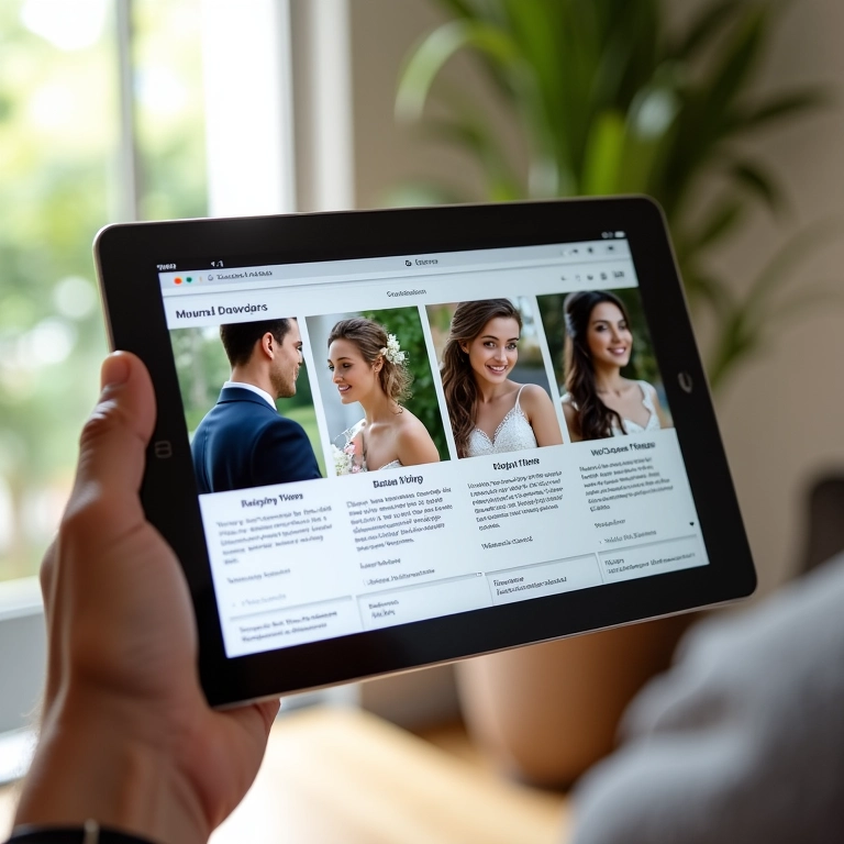 Tablet exibindo plataformas para casamento virtual com avaliações de usuários.
