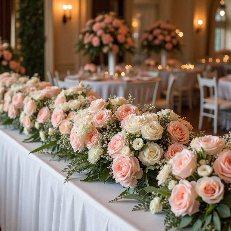 Tamanhos ideais de arranjos em cascata para mesa dos noivos.