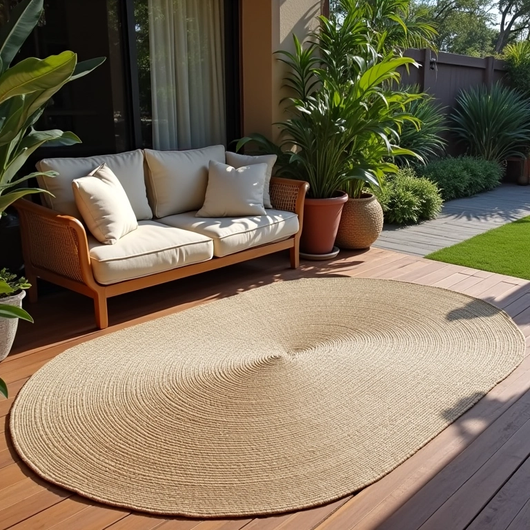 Tapete resistente para área externa feito de fibras naturais.