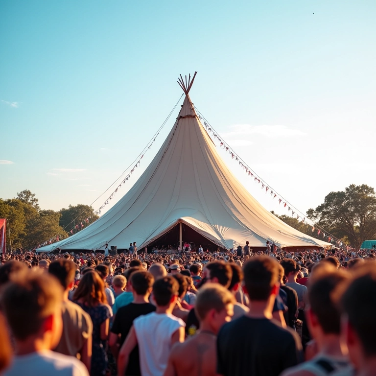 Tenda piramidal em festival de música durante o dia.