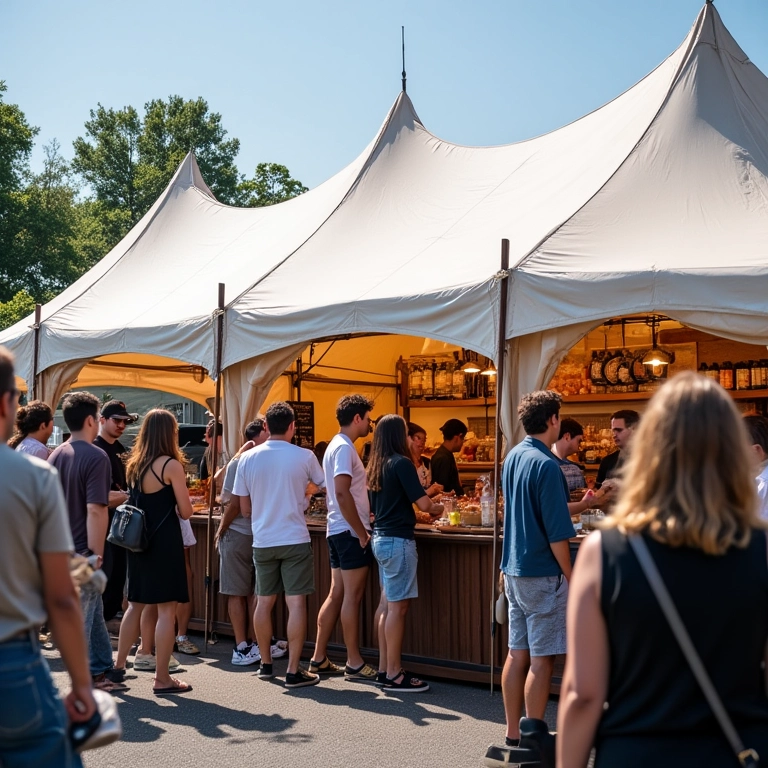 Tenda tensionada em feira de comida, com amplo espaço.
