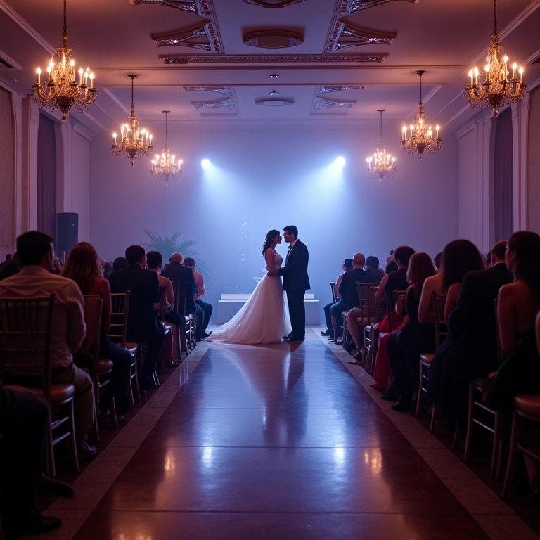 Teste de iluminação em local de casamento, ajustando spots.