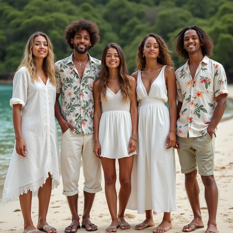 Trajes leves e confortáveis para casamento tropical no Brasil.