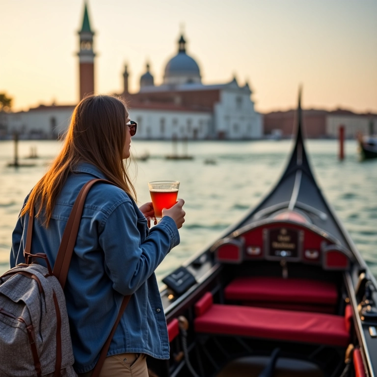 Turista recebendo uma bebida de boas-vindas em um passeio de gôndola em Veneza.