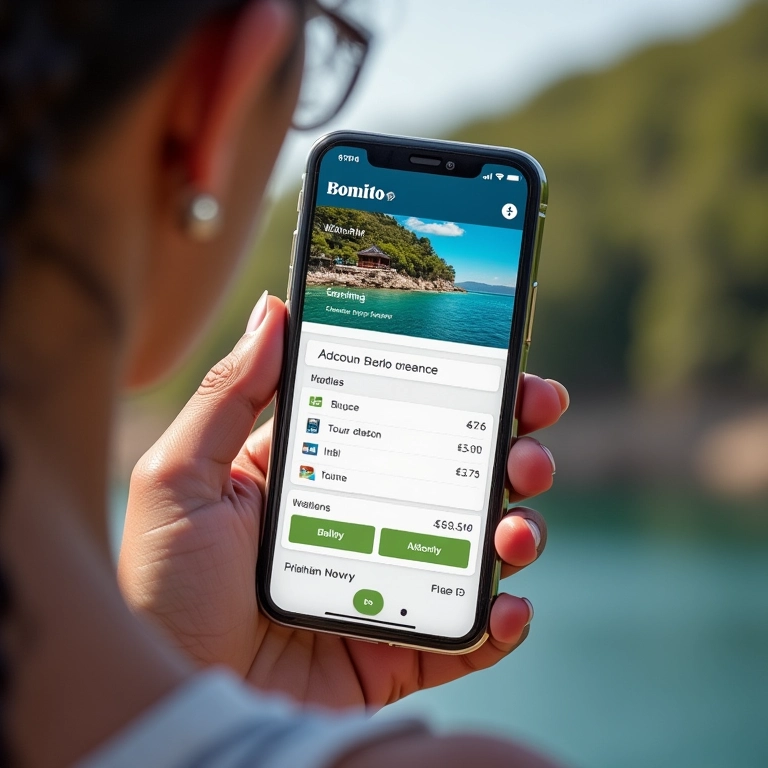 Turista reservando passeios em Bonito online, mostrando a importância do agendamento antecipado.