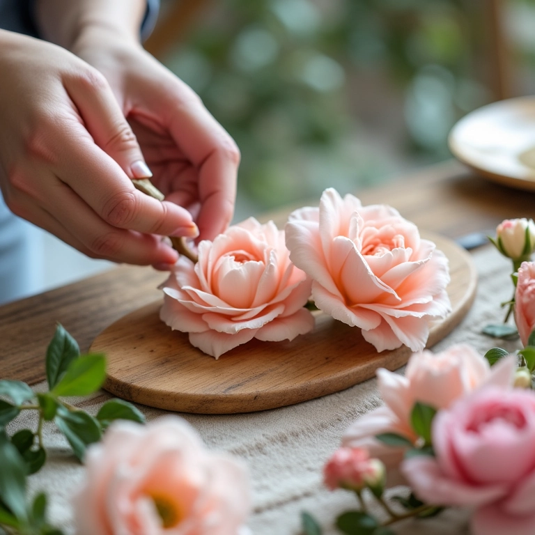 Tutorial passo a passo de decoração de chá de panela: mãos arrumando flores.