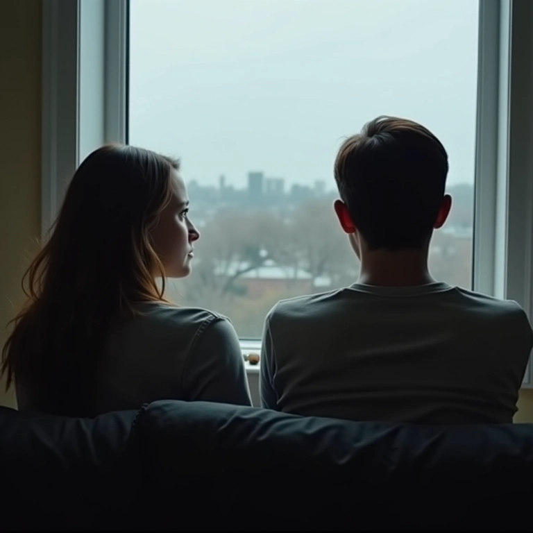 Um parceiro olhando tristemente pela janela enquanto o outro se senta no sofá de braços cruzados.