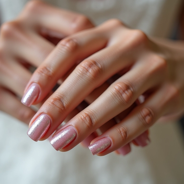 Unhas de noiva com brilho sutil e elegante.