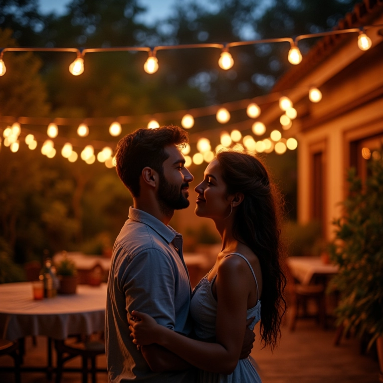 Varal de luzes em pátio externo criando ambiente aconchegante.