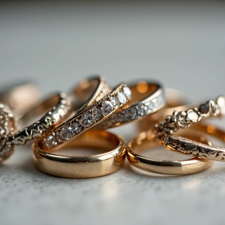 Variedade de alianças de casamento, diferentes estilos e materiais.