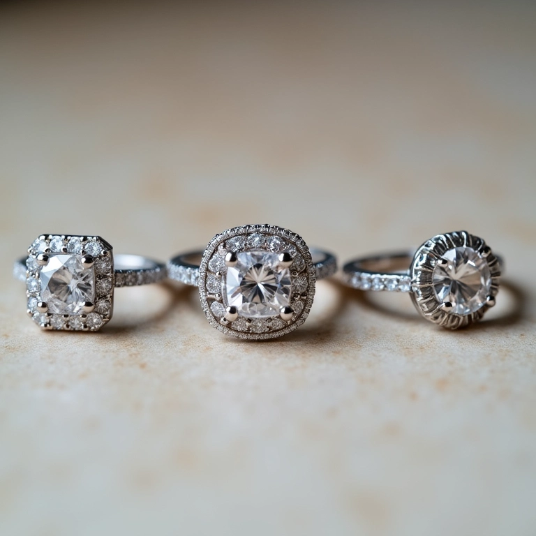 Variedade de anéis de noivado, diferentes estilos e preços.