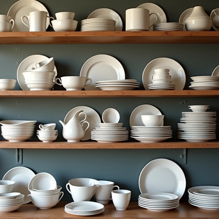 Variedade de estilos de louças para aluguel em prateleiras.