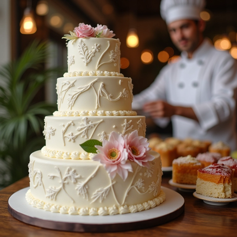Variedade de sabores em bolo de casamento, com especialista ao fundo.