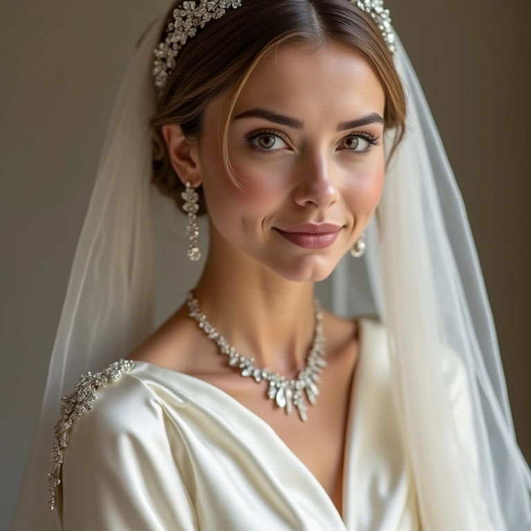 Vestido de cetim combinado com joias e véu, realçando a beleza.