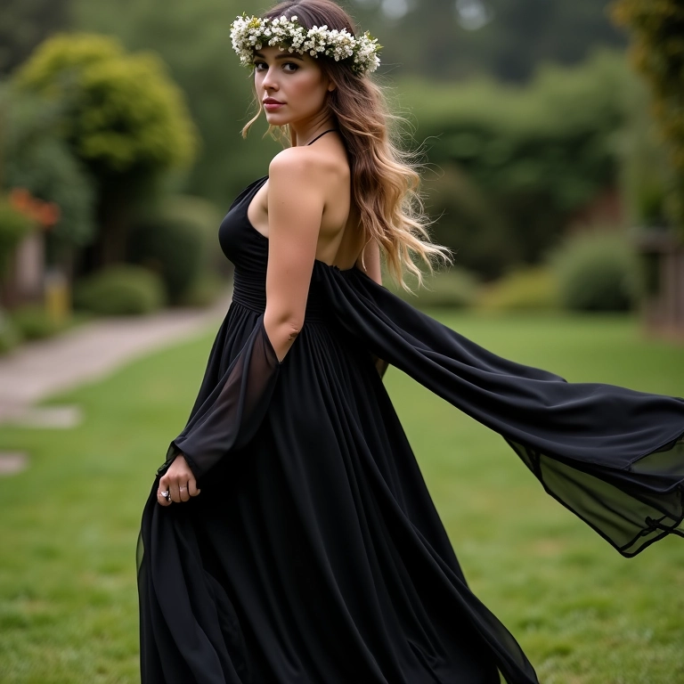 Vestido de noiva preto boho com tecido fluido e coroa de flores em um jardim ao ar livre.