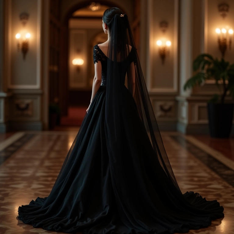 Vestido de noiva preto clássico com detalhes em renda e véu catedral em um salão elegante.