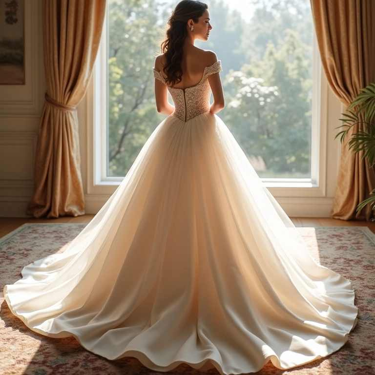 Vestido de noiva princesa de cetim, um conto de fadas.