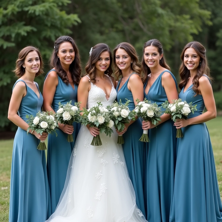 Vestidos de madrinhas em tons de azul e verde.