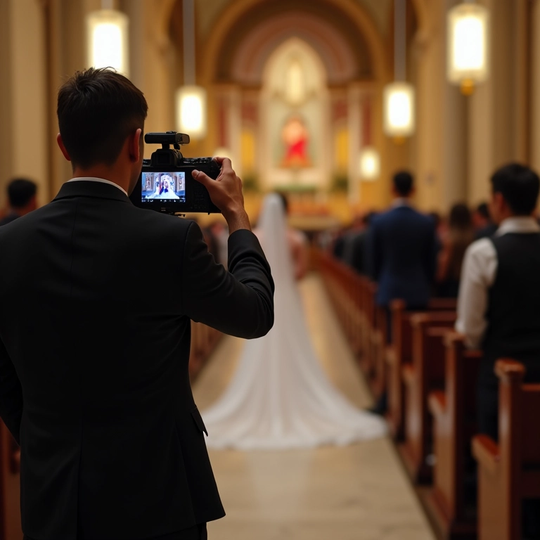 Videógrafo profissional filmando noiva caminhando ao altar.