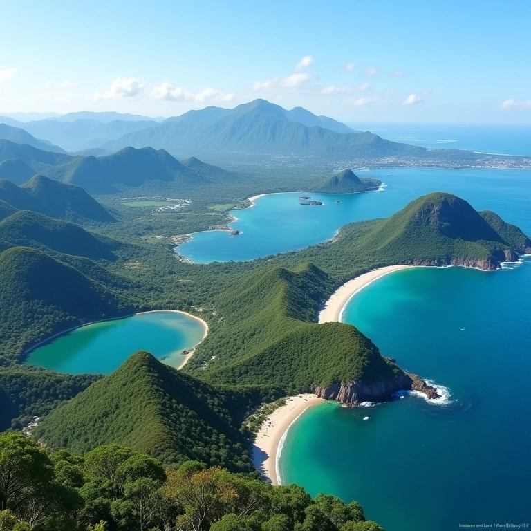 Vista aérea de Florianópolis mostrando a diversidade de paisagens: praias, lagoas e montanhas.
