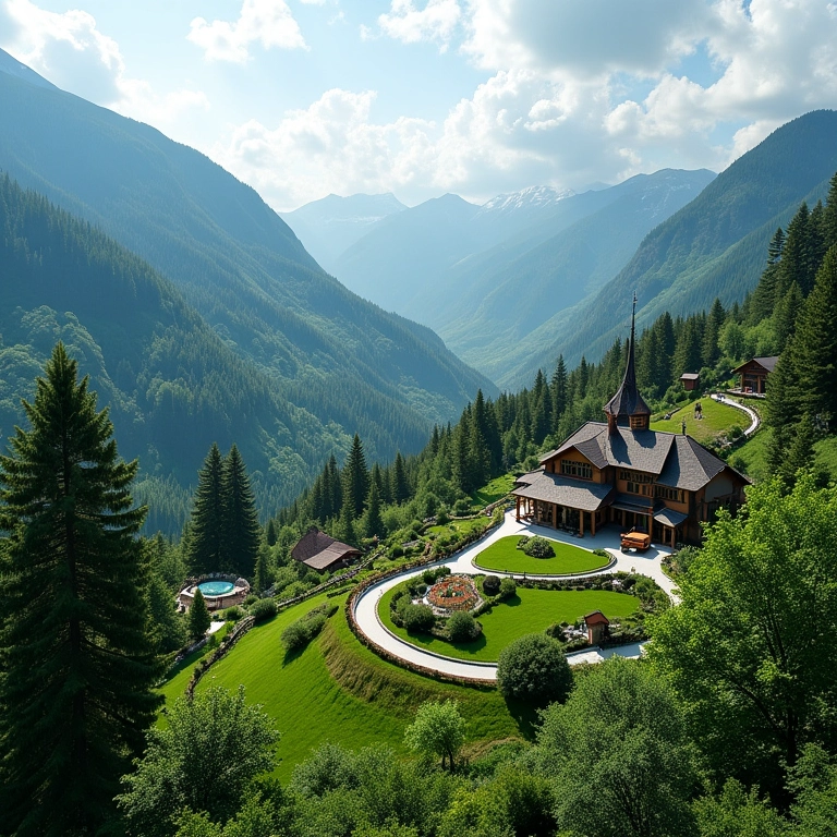 Vista aérea de um resort encantador na serra, local ideal para casamento.