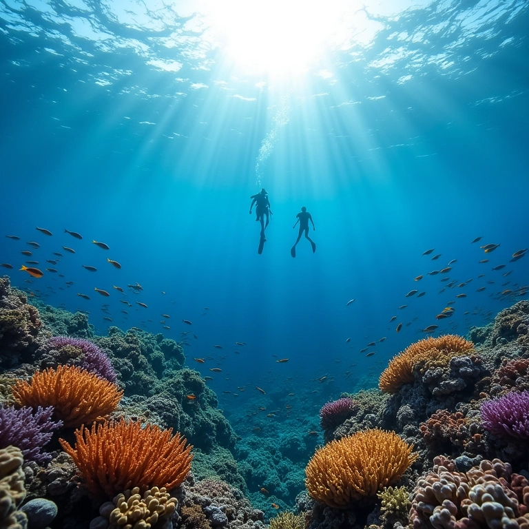 Vista subaquática da Grande Barreira de Corais, Austrália, com vida marinha diversa.
