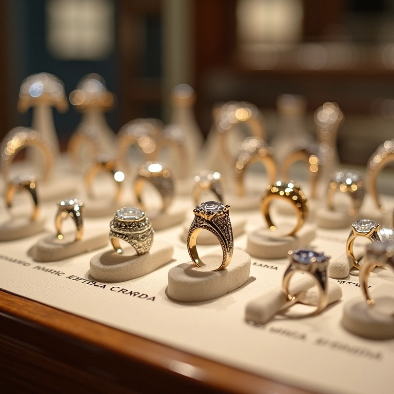 Vitrine com diversos modelos de alianças de casamento.