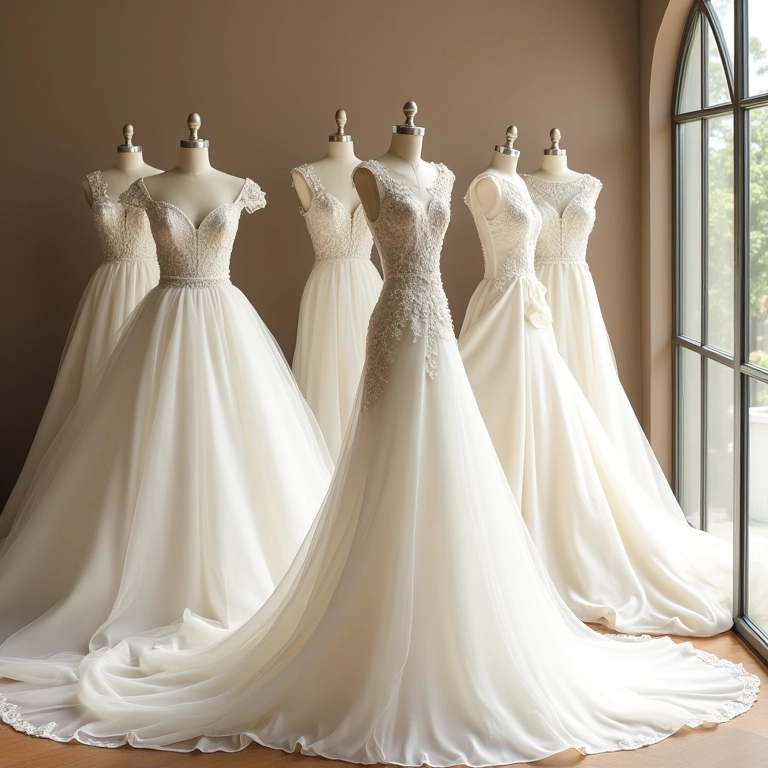 Vitrine com vestidos de noiva Allure Bridals.
