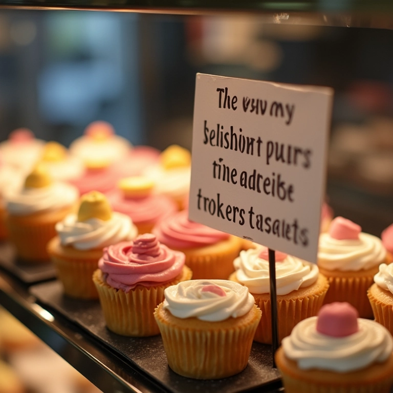 Vitrine de confeitaria com cupcakes e aviso de encomenda.