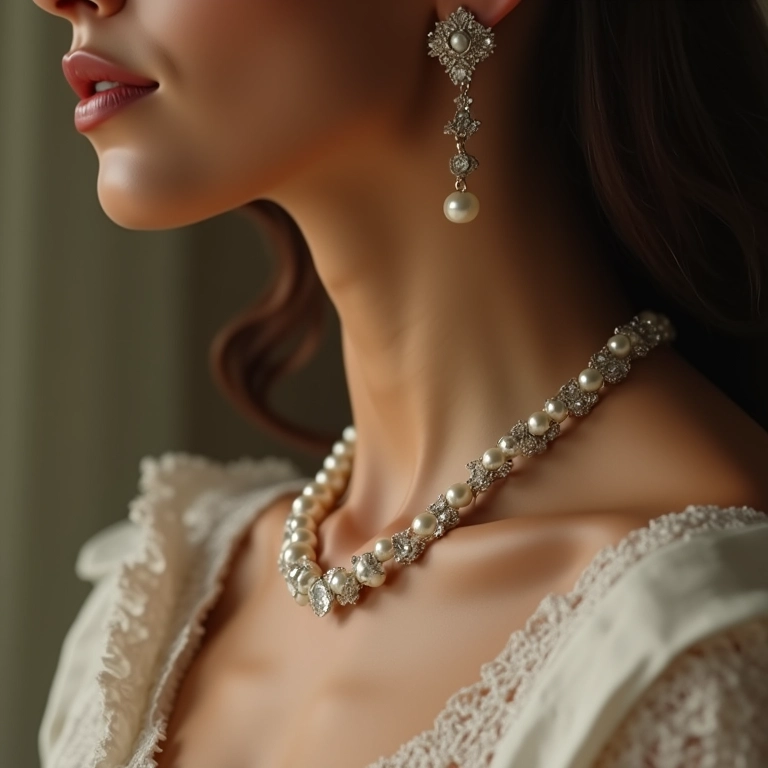 Voilette combinada com colar de pérolas e brincos delicados.