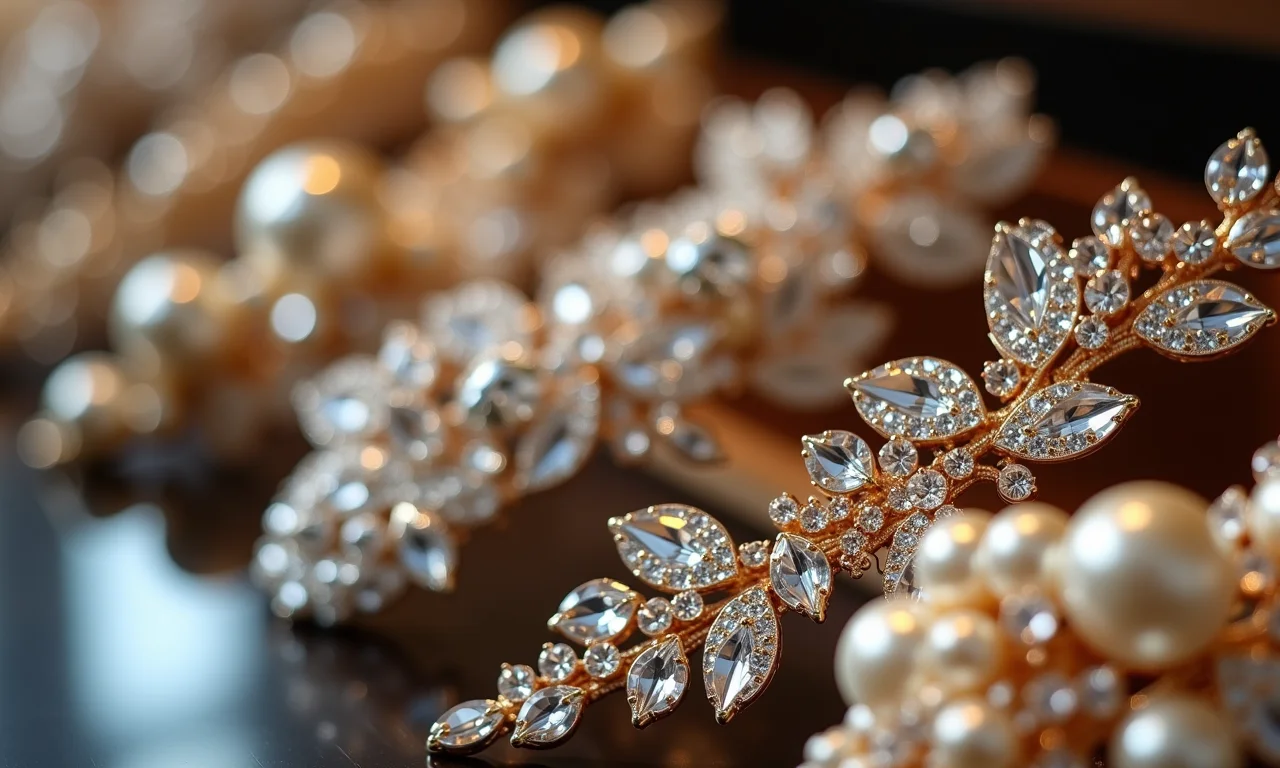 Acessórios de cabelo elegantes com cristais e pérolas.