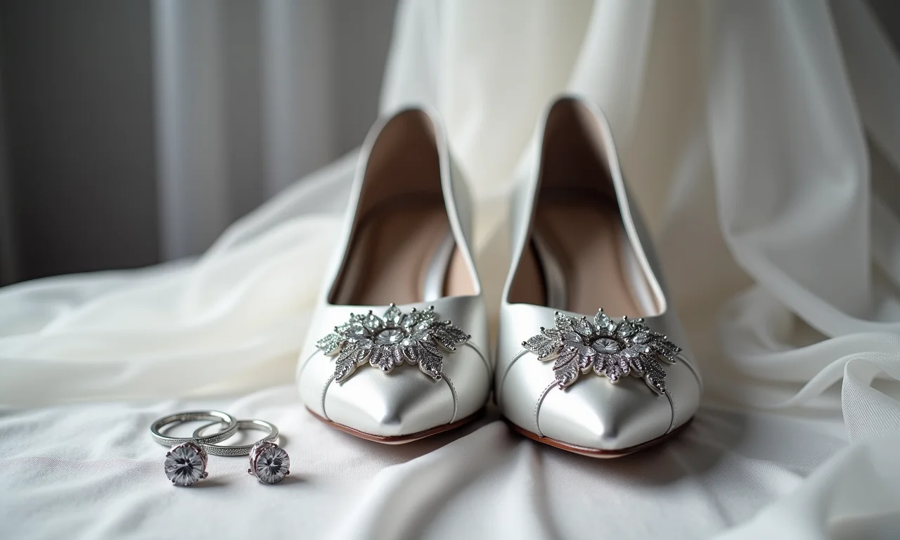 Acessórios de casamento em preto e branco: sapatos elegantes, joias delicadas e decorações temáticas.