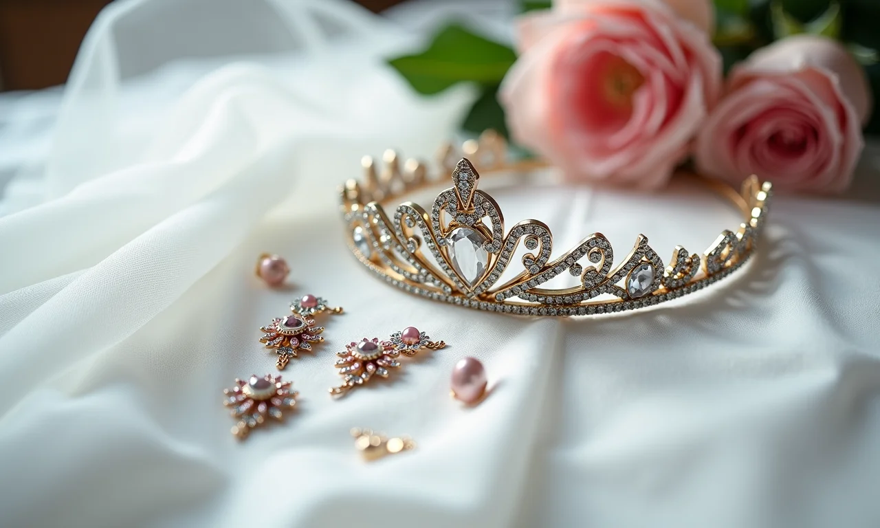 Acessórios que combinam com um vestido de noiva princesa: tiara, véu, joias.