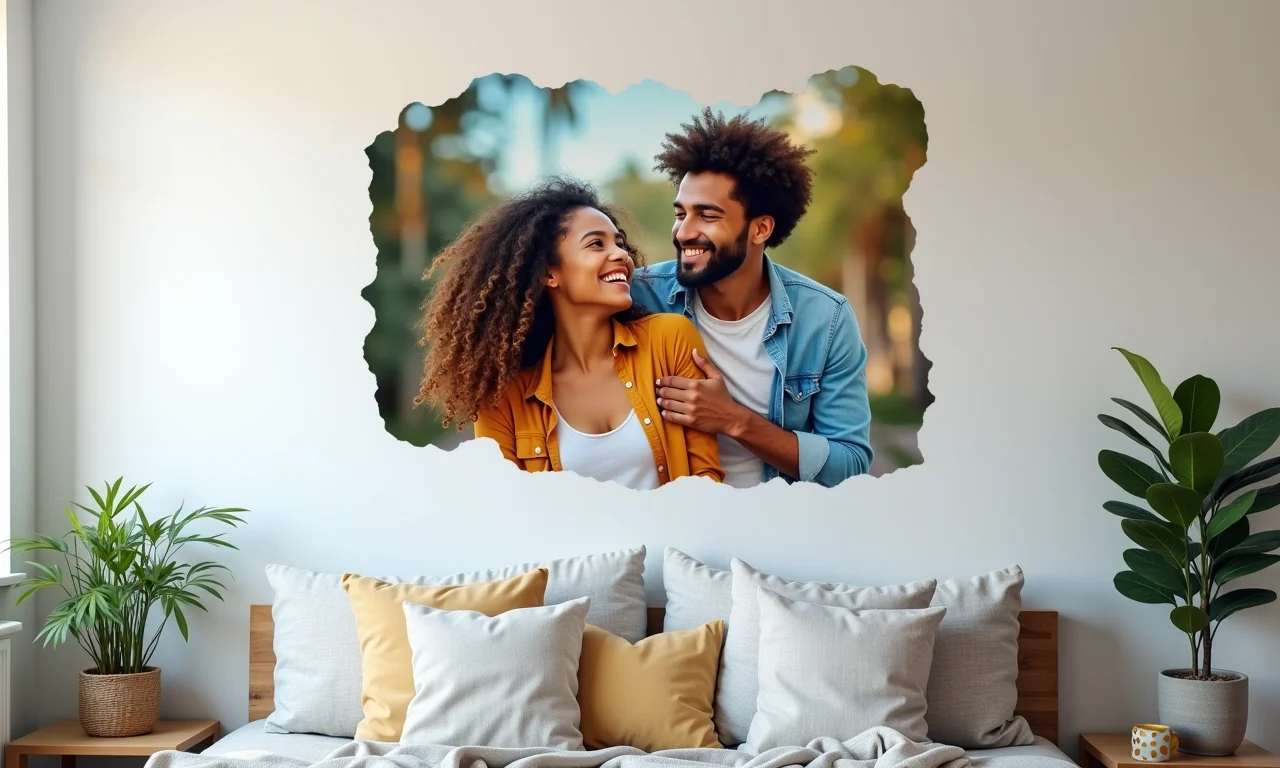 Adesivos de parede com fotos do casal, decoração criativa.