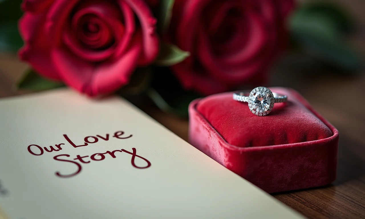Aliança de noivado elegante sobre almofada de veludo, ao lado de um diário com o título 'Nossa História de Amor'.