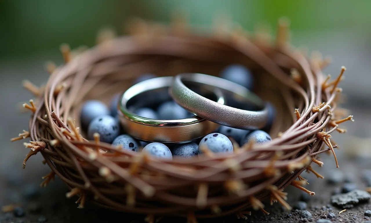 Alianças acomodadas em um ninho de passarinho.