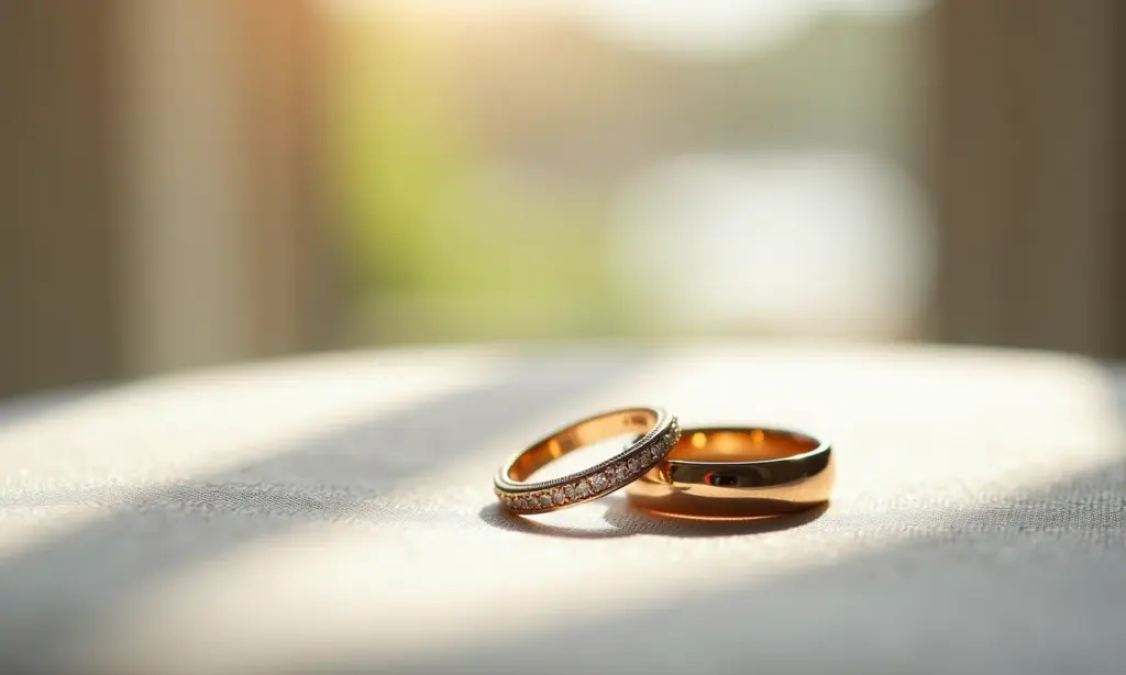 Alianças de casamento sobre linho, simbolizando compromisso.